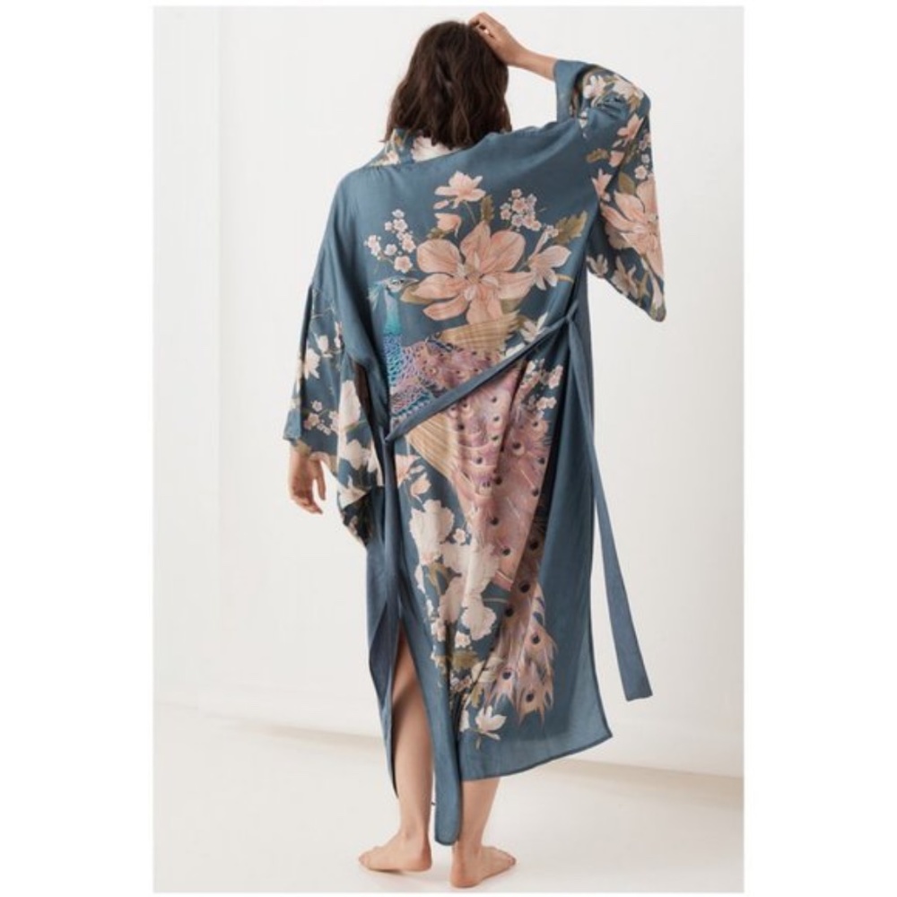 boho gypsy teal green Floral Kimono Cover up - Picture 8 of 10